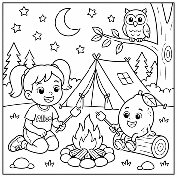 Desenho para colorir: Alice e Diguinho acampados